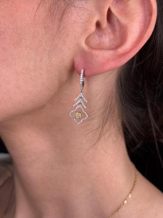 Ladies Two Tone Radiant Yellow Diamond Fancy Earrings