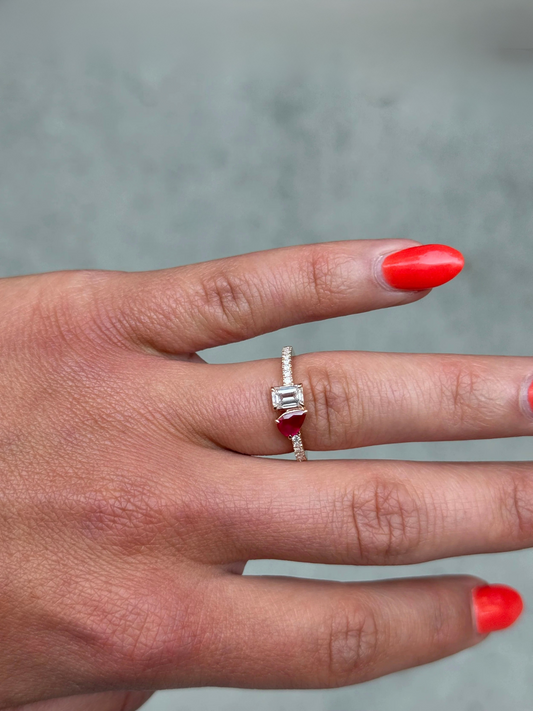 Ladies Ruby Pear and Emerald Diamond Ring