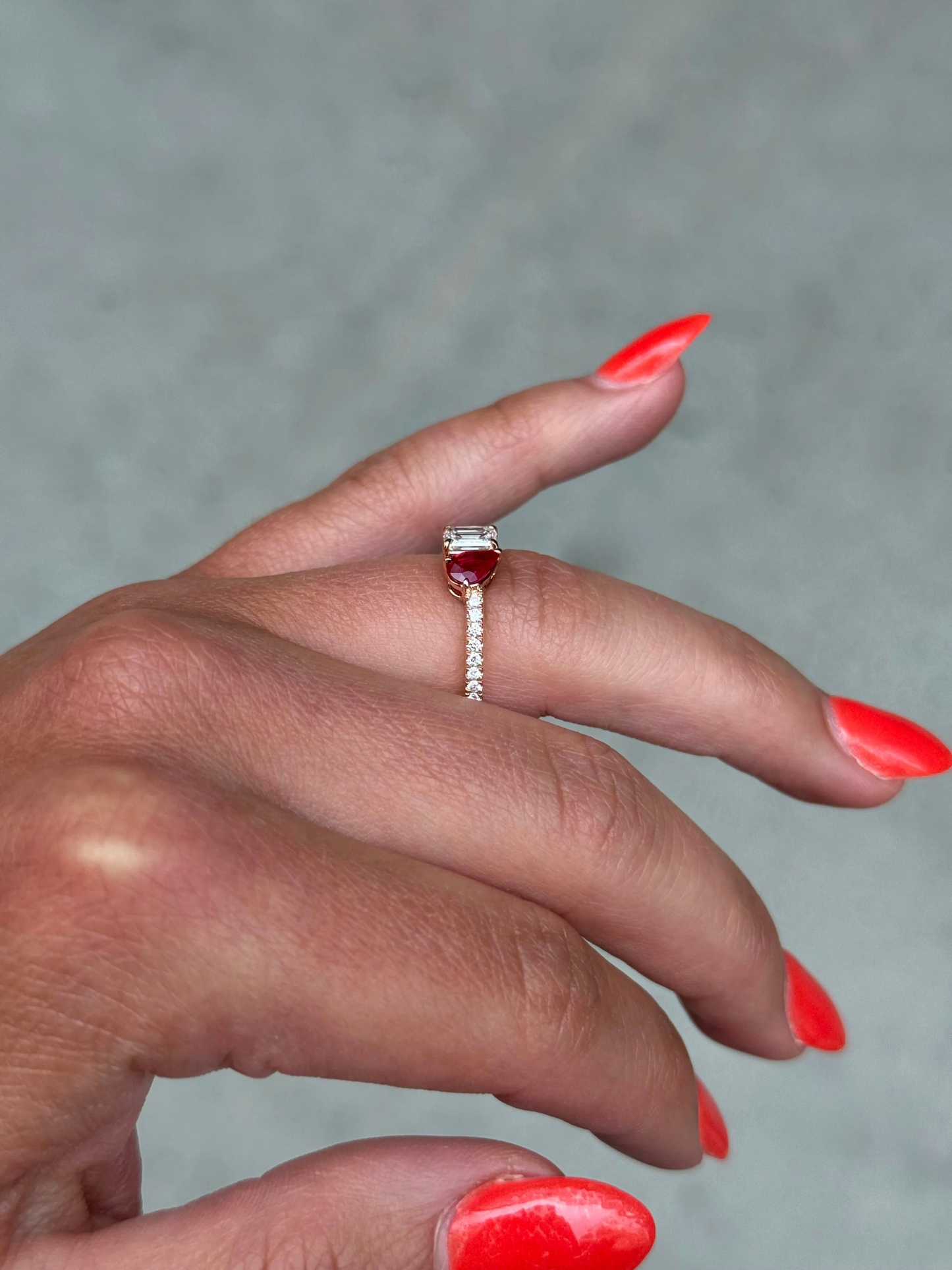 Ladies Ruby Pear and Emerald Diamond Ring