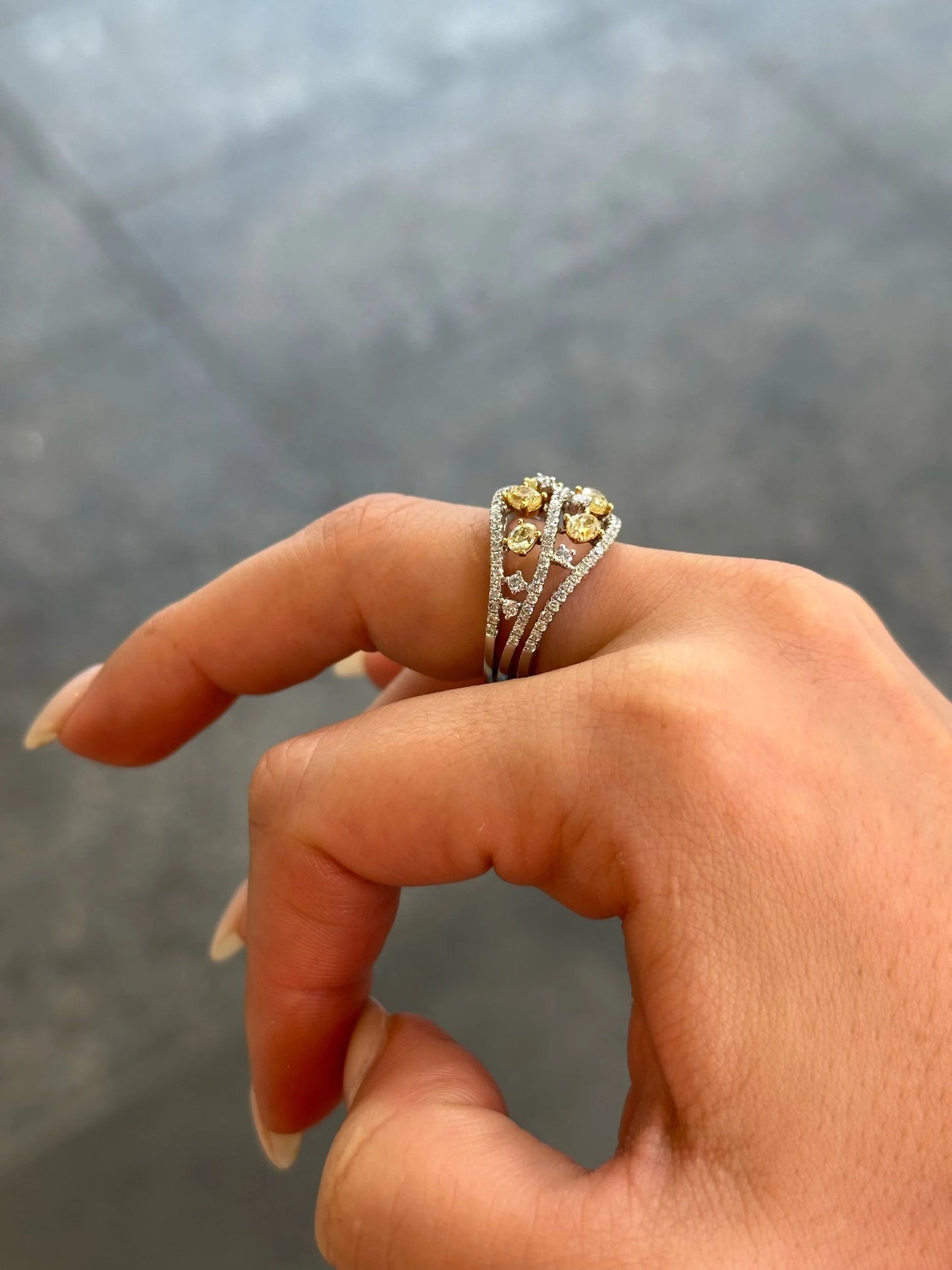 Ladies Open Yellow Oval Diamond Ring with 3 Rows of Round Diamond