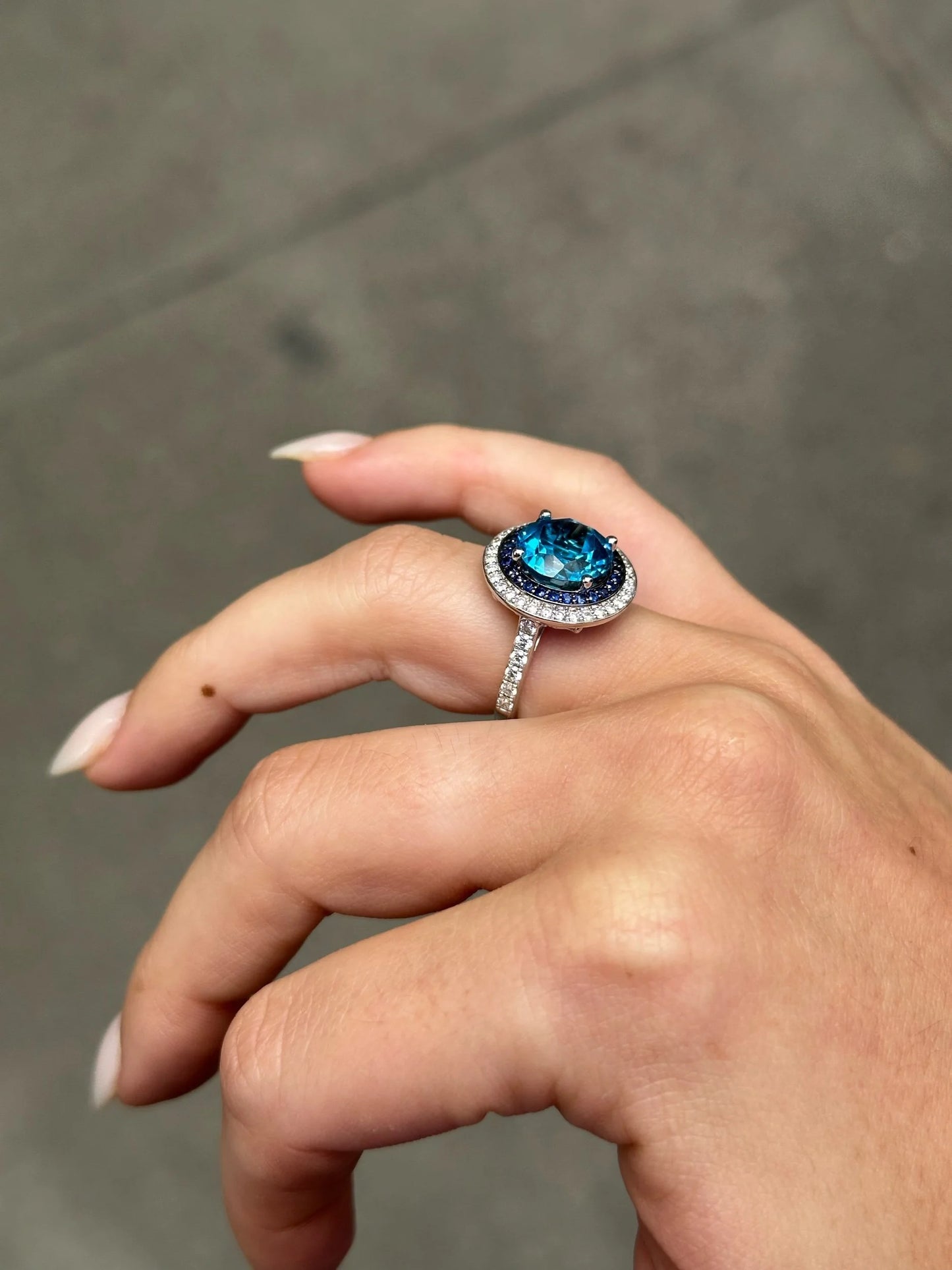 Ladies Halo Round Diamond and Sapphire Ring with Blue London Topaz
