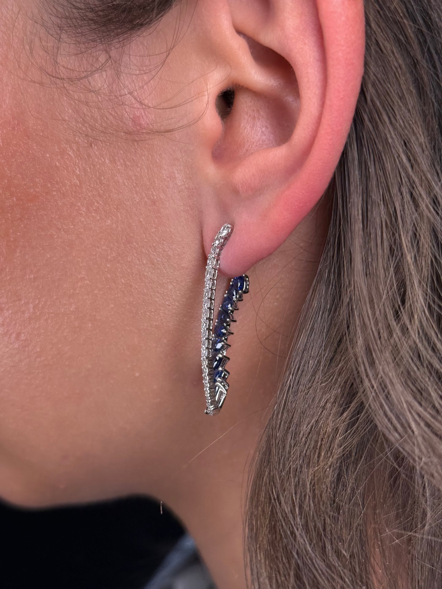 Ladies Sapphire and Diamond Elongated Wavy Hoop