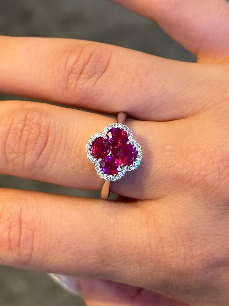 Ladies Clover Shape Ruby and Round Diamond Ring
