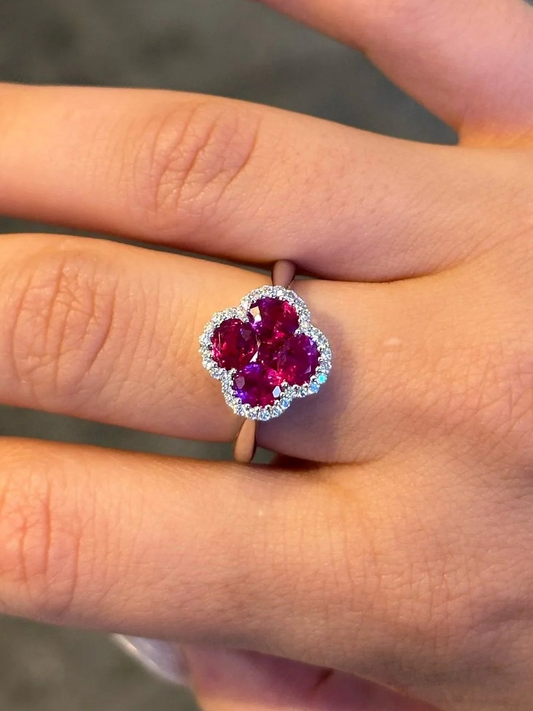 Ladies Clover Shape Ruby and Round Diamond Ring