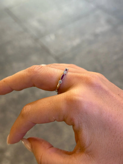 Ladies Three Ruby Stone and Round Diamond Alternating Ring