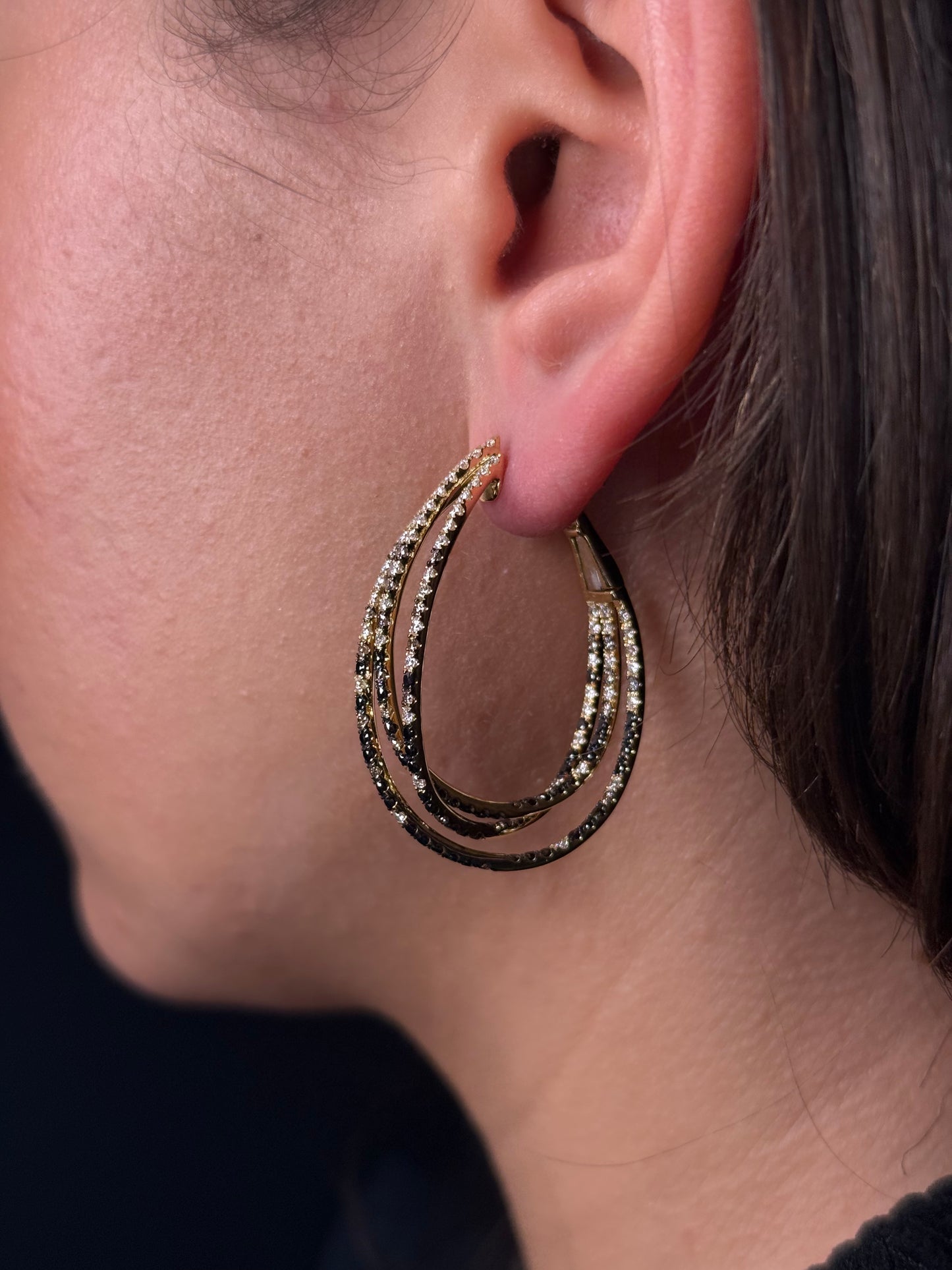 Ladies 3 Row Black and Champagne Oval Hoops