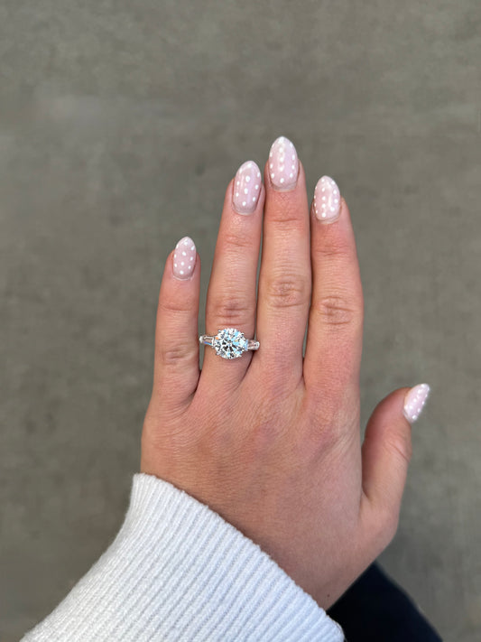 Ladies Round Diamond and Baguette Side Stone Engagement Ring