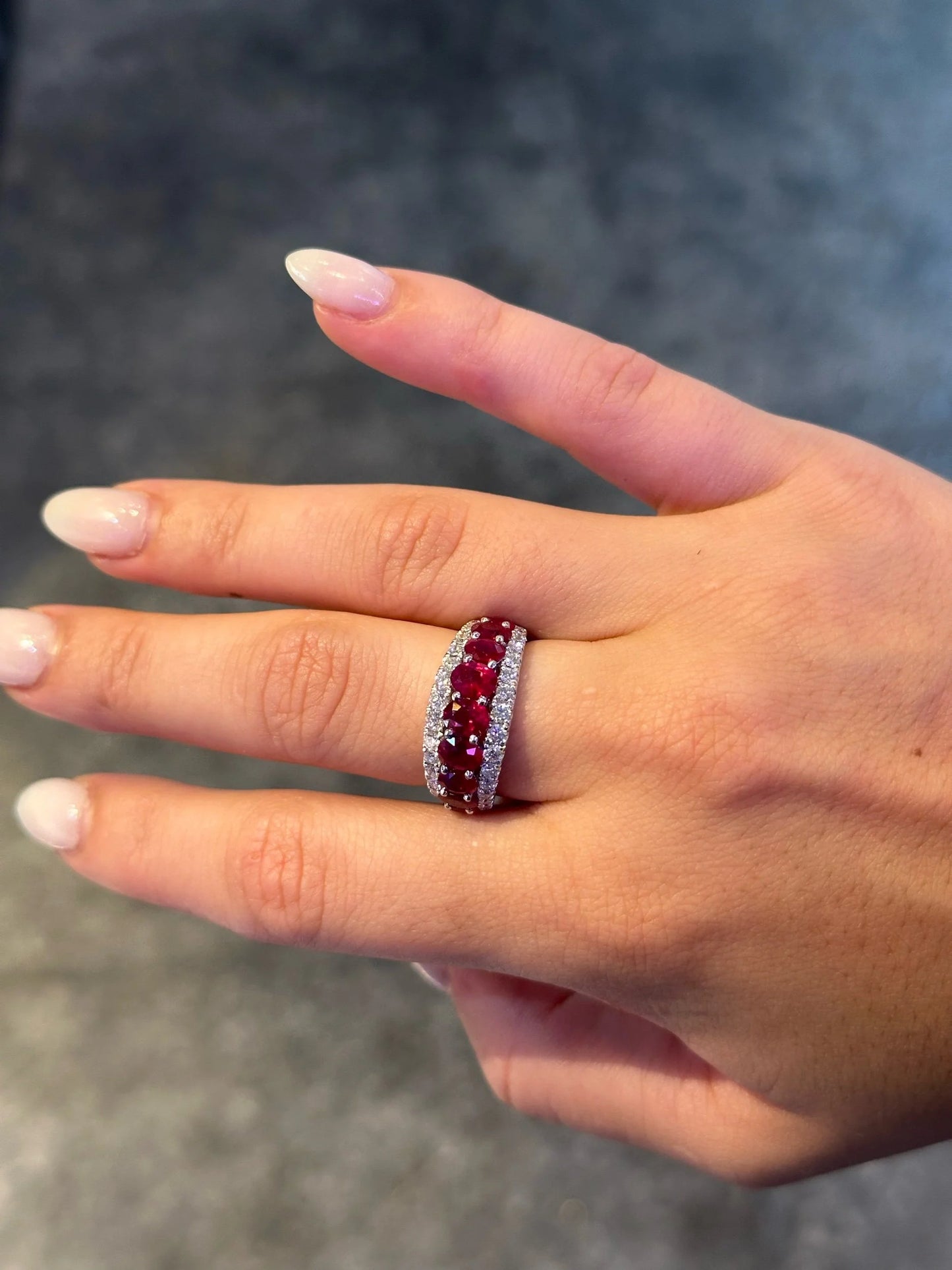 Ladies Single Row Ruby and Double Row Round Diamond Ring