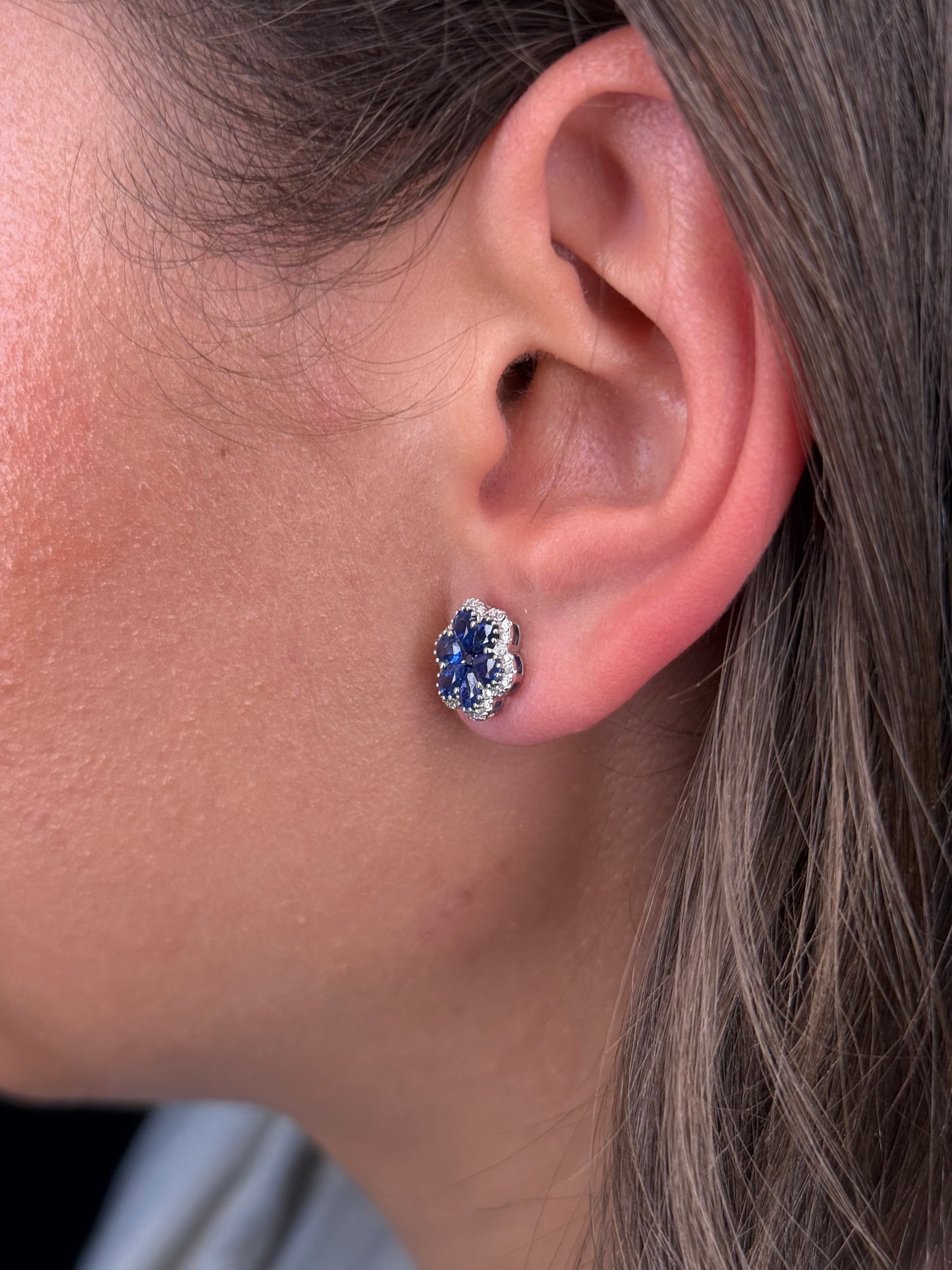 Ladies Sapphire Flower and Diamond Halo Earring