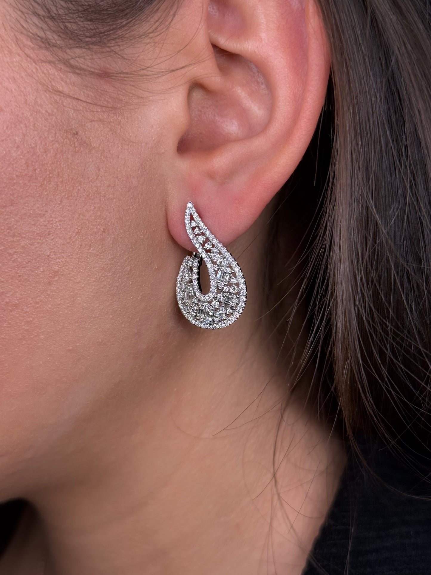 Ladies Baguette Pear and Round Diamond Hook Earring