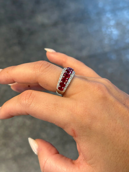 Ladies Single Row Ruby and Double Row Round Diamond Ring