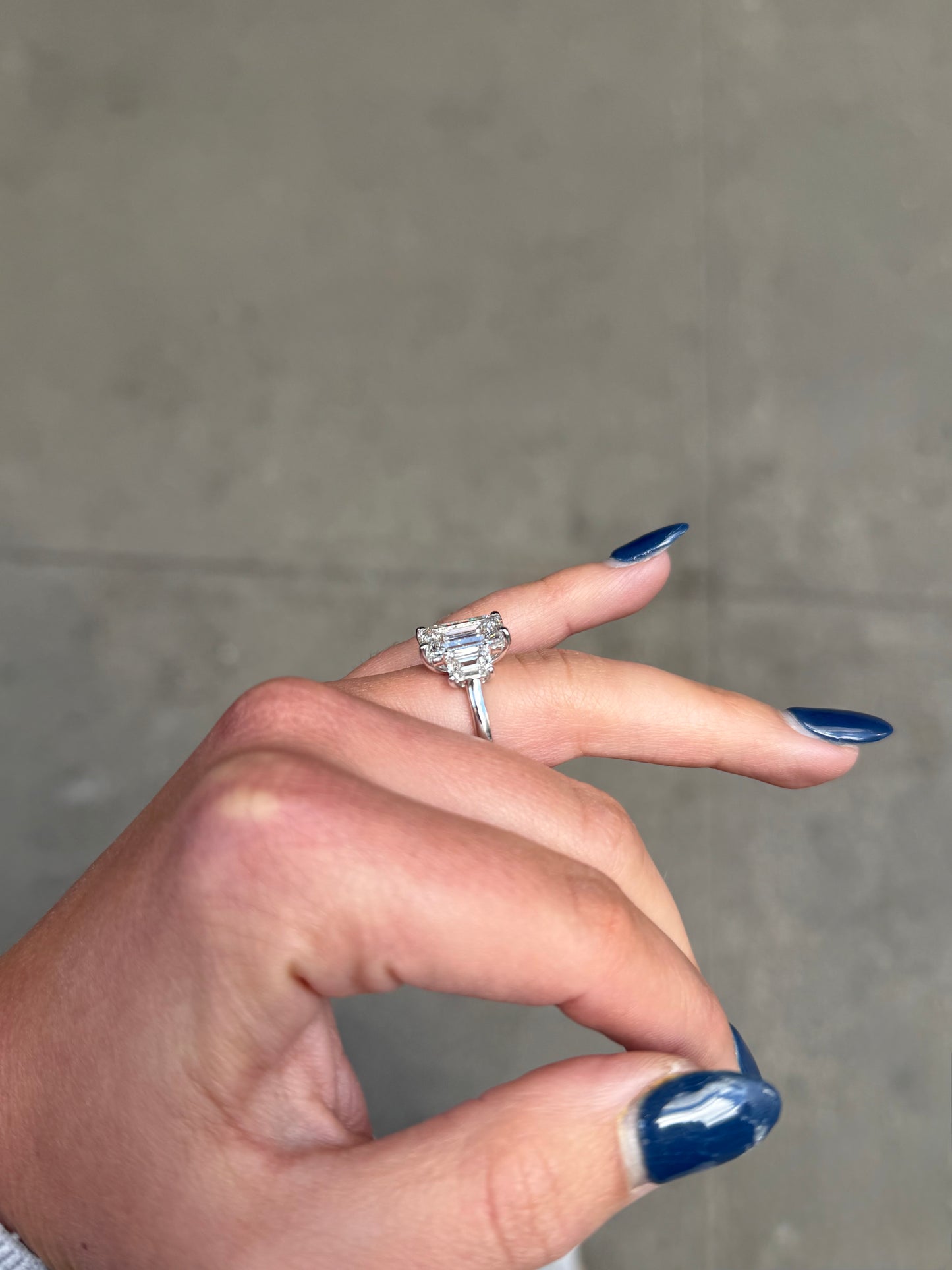 Ladies Three Stone Lab Grown Emerald Engagement Ring