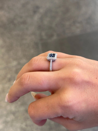 Ladies Princess cut Sapphire and Halo Round Diamond Milgrain Ring