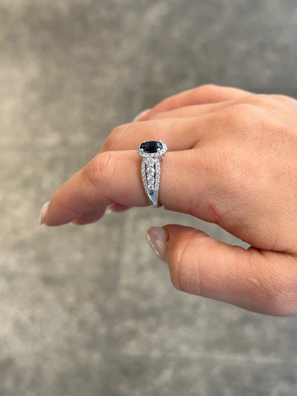 Ladies Sapphire Stone and Round Diamond Ring with Halo and Triple Shank