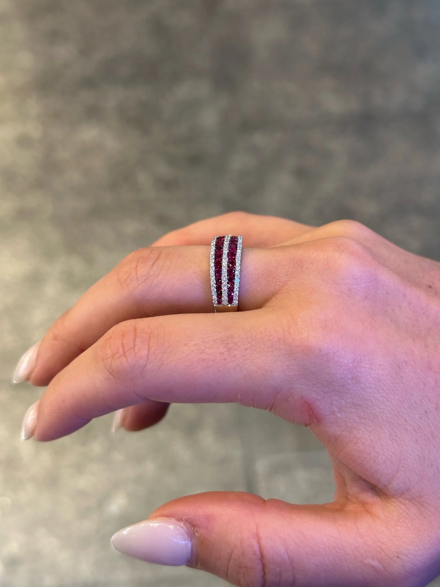 Ladies Double Row Ruby and Triple Row Round Diamond Ring