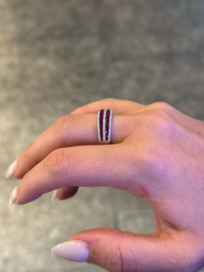 Ladies Double Row Ruby and Triple Row Round Diamond Ring