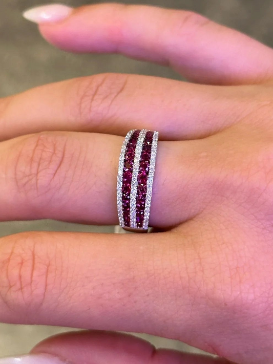 Ladies Double Row Ruby and Triple Row Round Diamond Ring