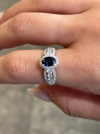 Ladies Sapphire Stone and Round Diamond Ring with Halo and Triple Shank