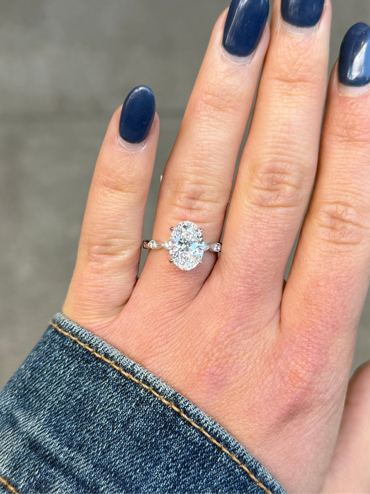 Ladies Lab Grown Oval Center Marquise Shank and Under Halo Engagement Ring