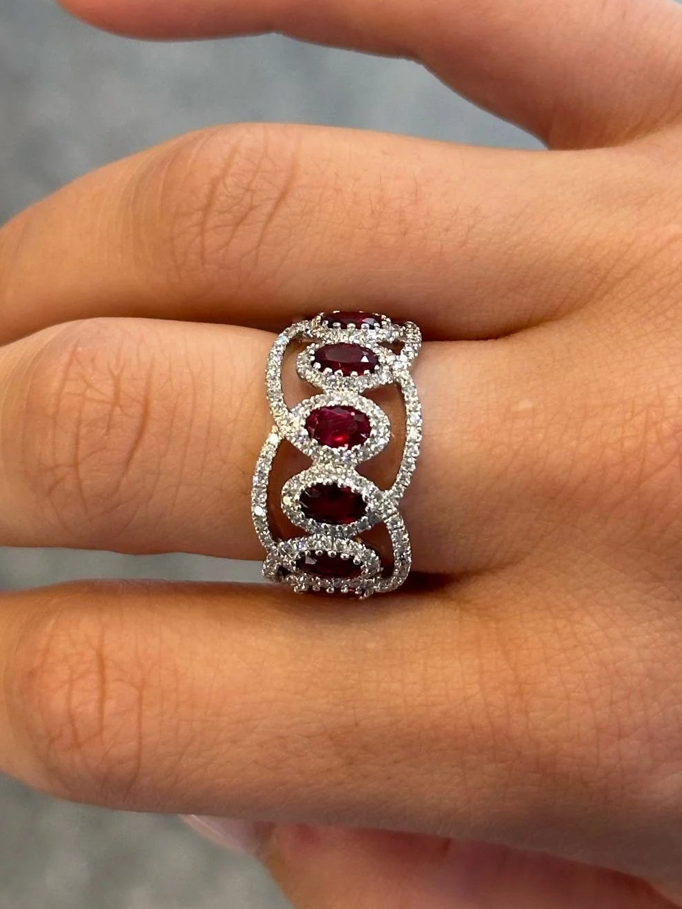 Ladies Ruby and Round Diamond Fancy Wide Ring