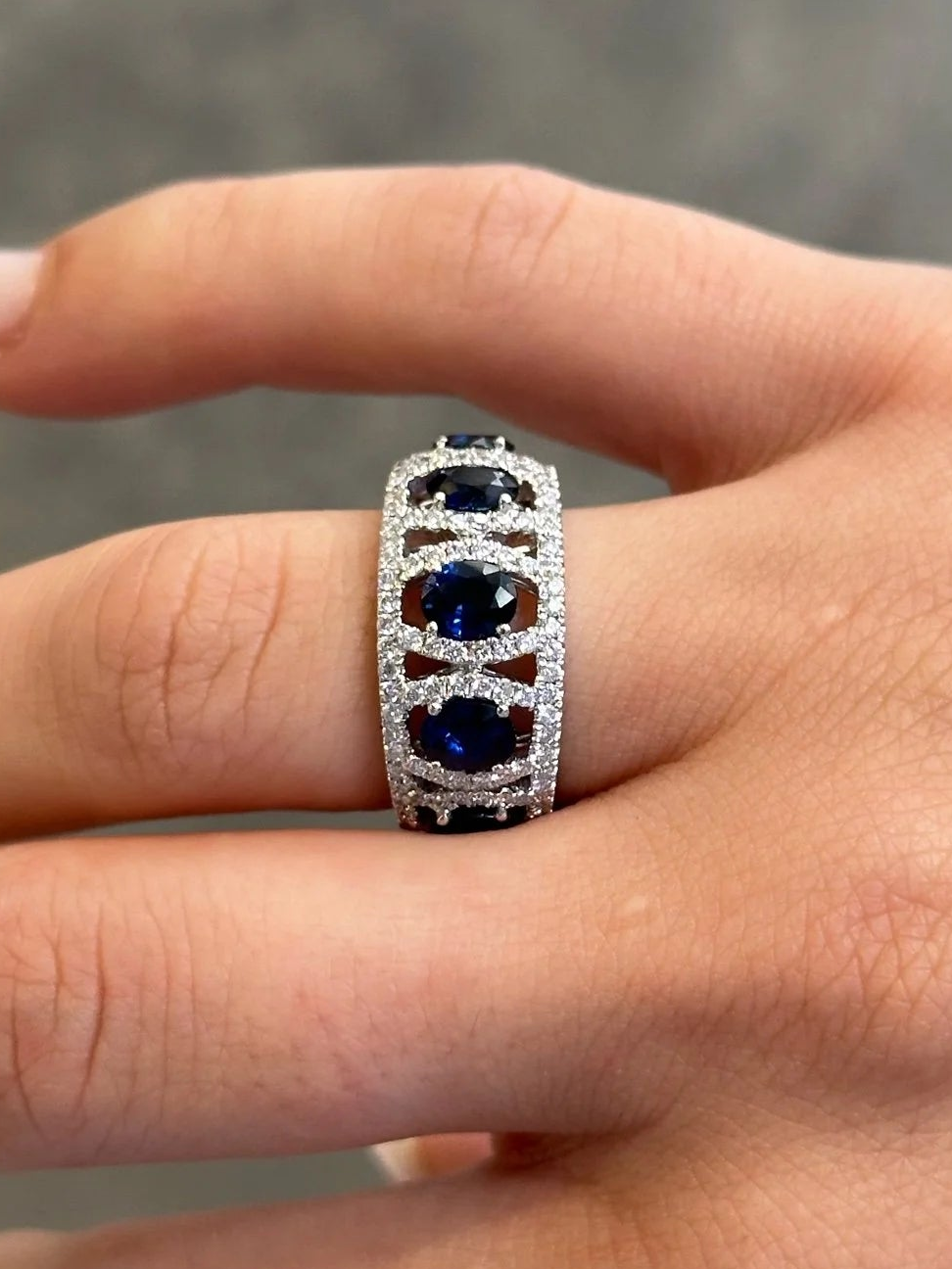 Ladies Five Stone Round Sapphire and Round Diamond Ring