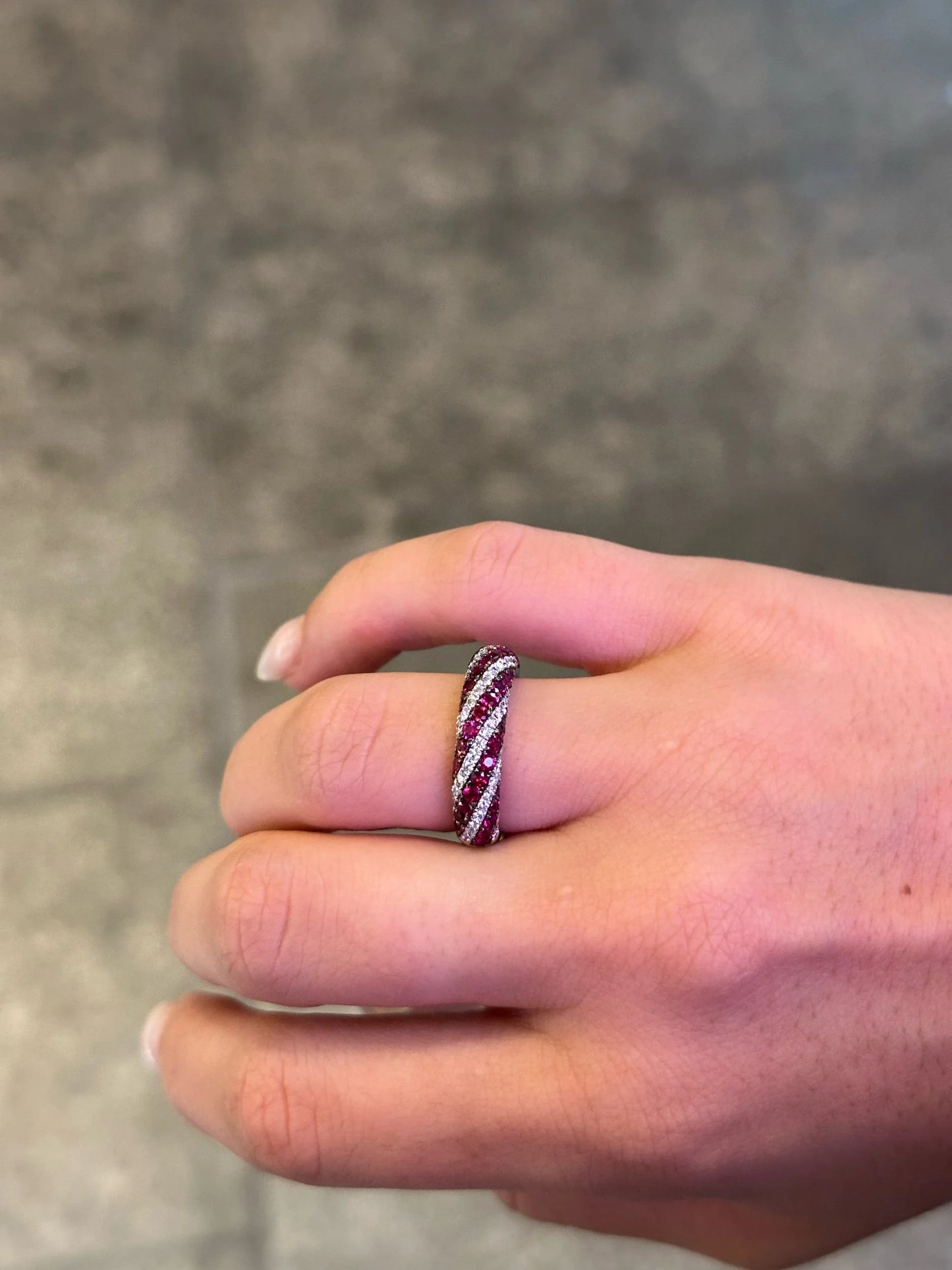Ladies Swirl Ruby and Round Diamond Ring