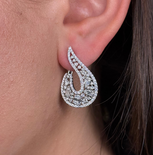 Ladies Baguette Pear and Round Diamond Hook Earring