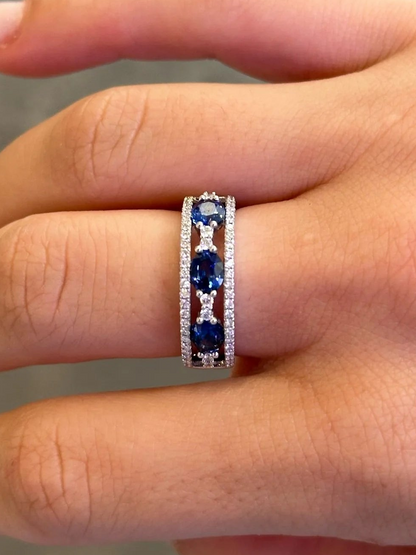 Ladies Three Stone Sapphire and Round Diamonds Band