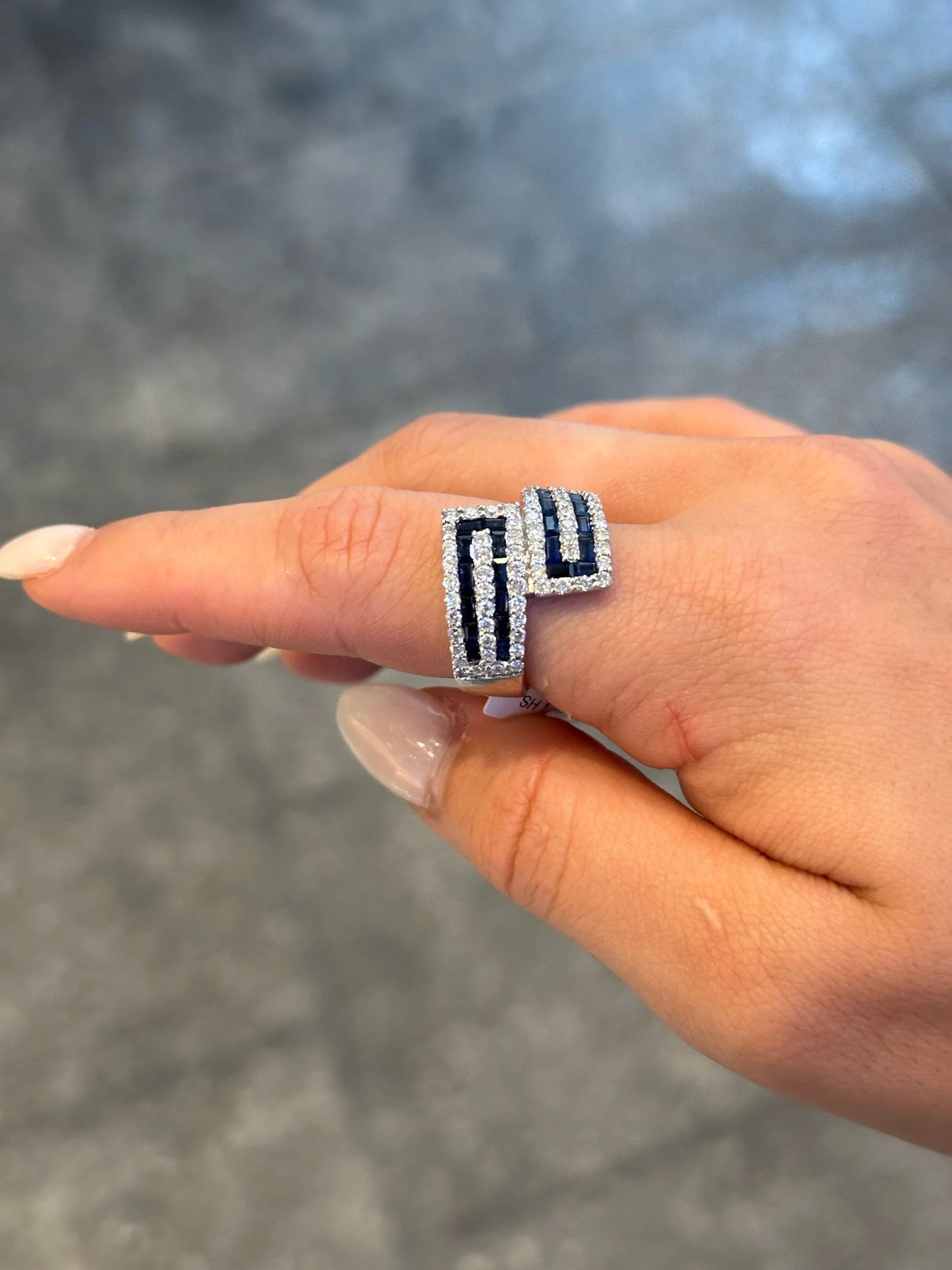 Ladies Wide Baguette Sapphire and Round Diamond Ring