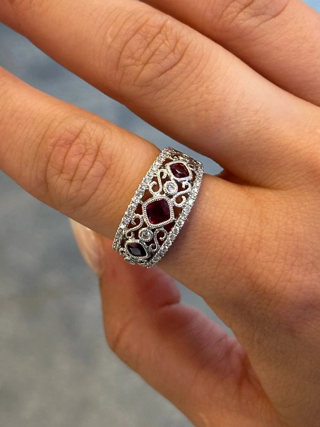 Ladies Square Shaped Ruby and Round Diamond Milgrain Ring