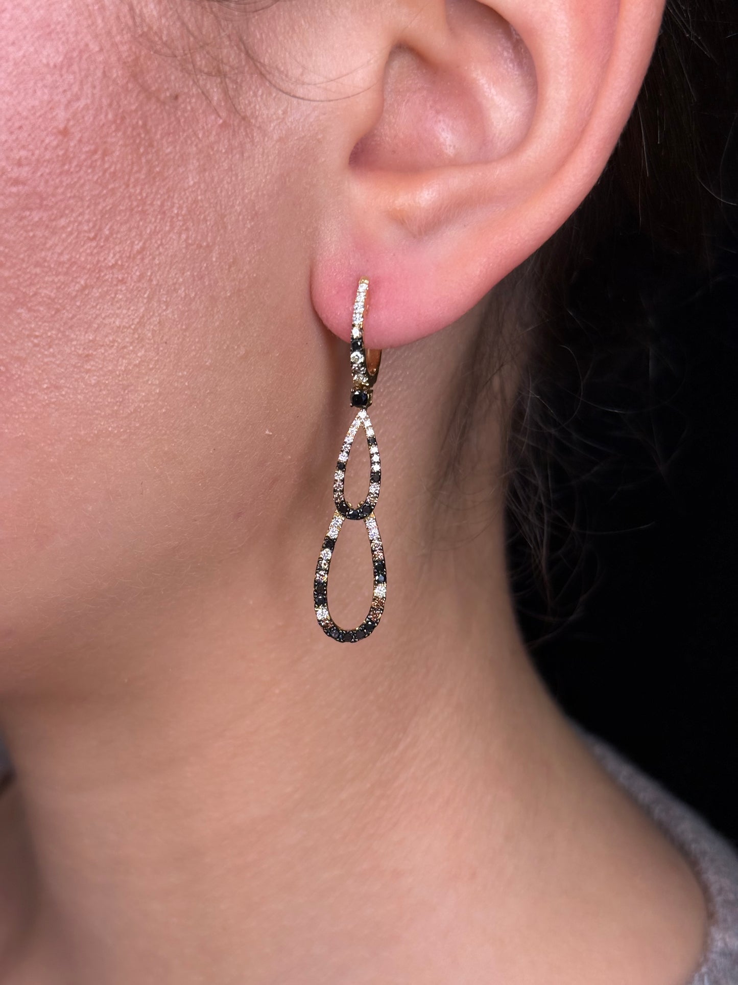 Ladies Double Oval Black and Champagne Diamond Earrings