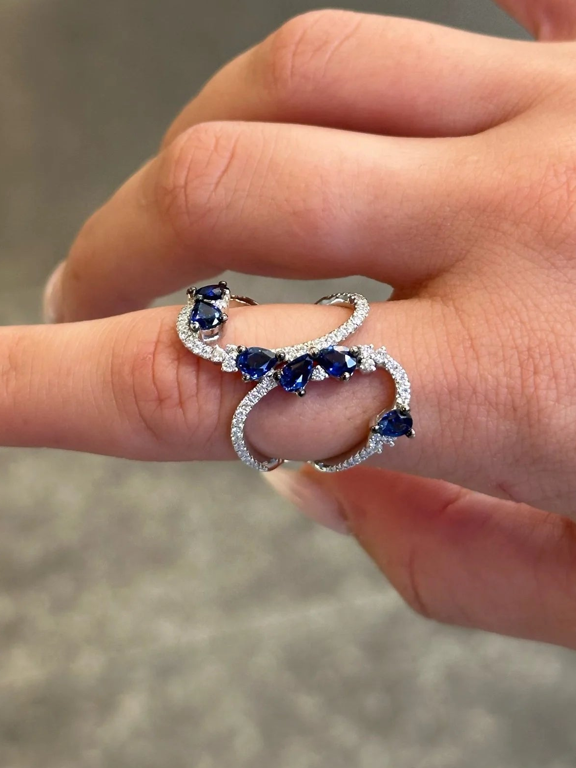 Ladies Pear Sapphire Stone and Round Diamond Open Ring