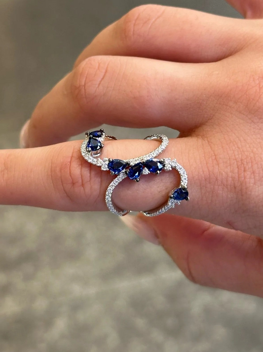 Ladies Pear Sapphire Stone and Round Diamond Open Ring