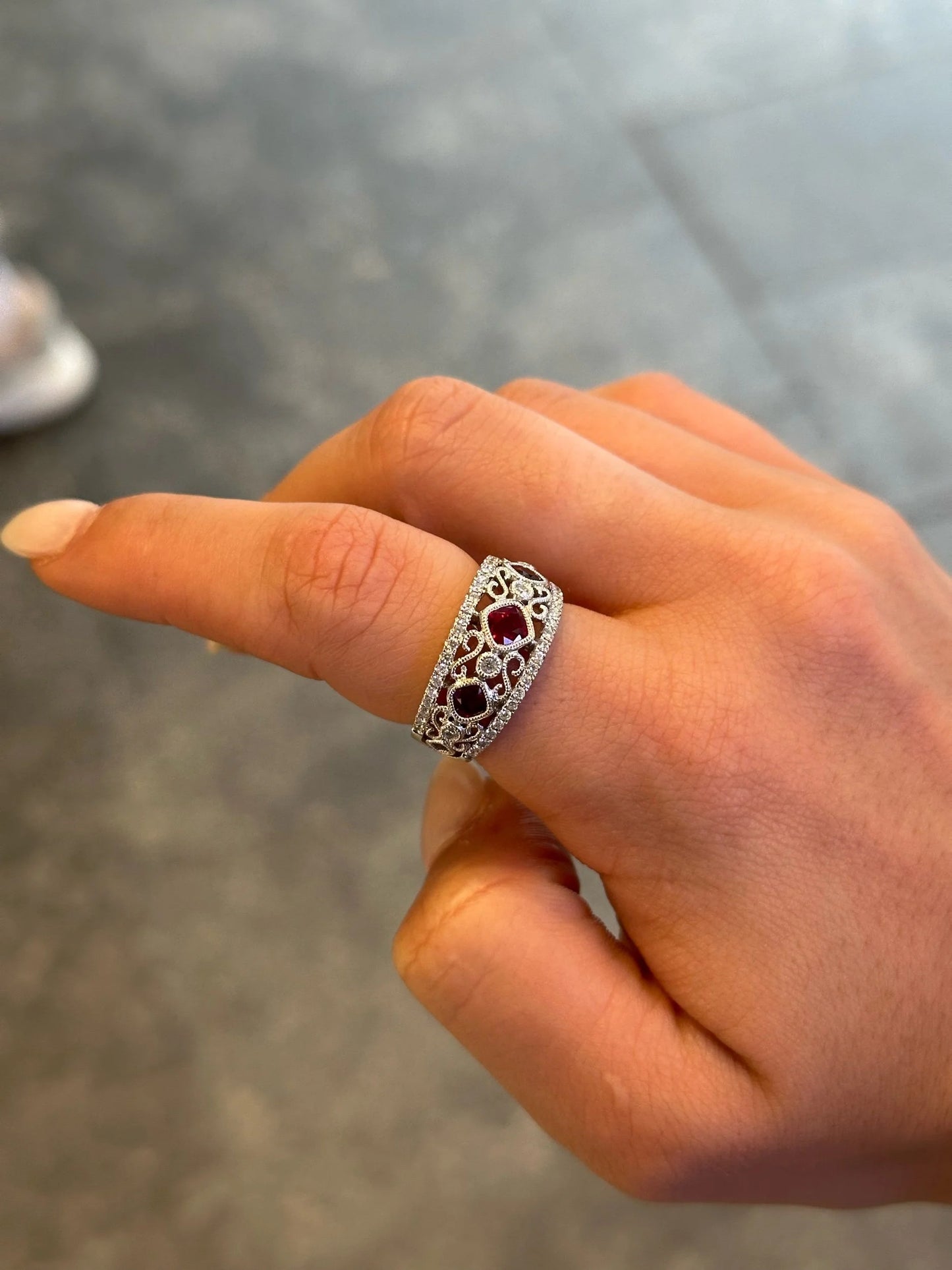 Ladies Square Shaped Ruby and Round Diamond Milgrain Ring