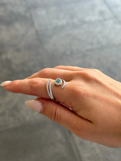 Ladies Open Emerald Stone and Round Diamond Ring