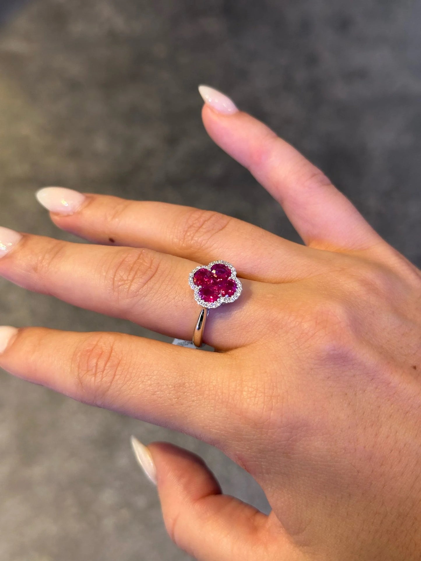 Ladies Clover Shape Ruby and Round Diamond Ring