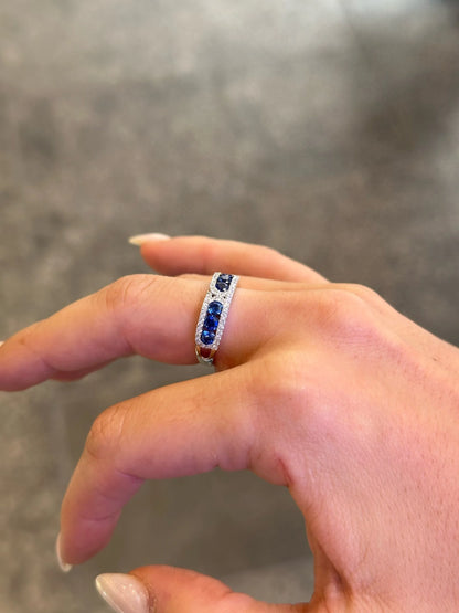 Ladies Triple Sapphire Stone and Round Diamond Ring