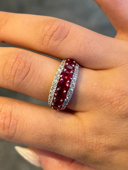 Ladies Single Row Ruby and Double Row Round Diamond Ring