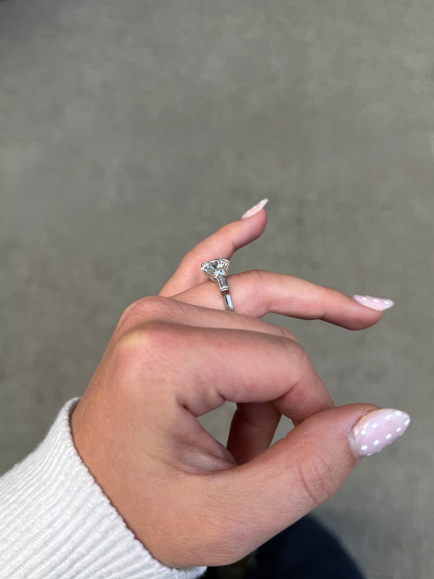 Ladies Round Diamond and Baguette Side Stone Engagement Ring