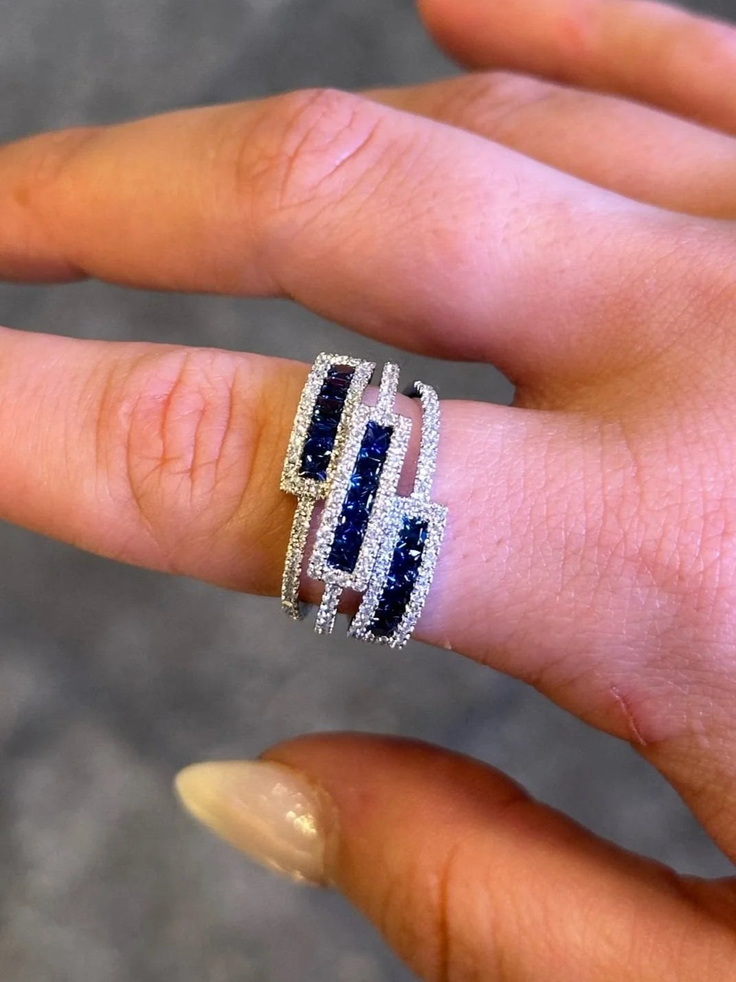 Ladies Triple Shank Sapphire and Round Diamond Fancy Ring
