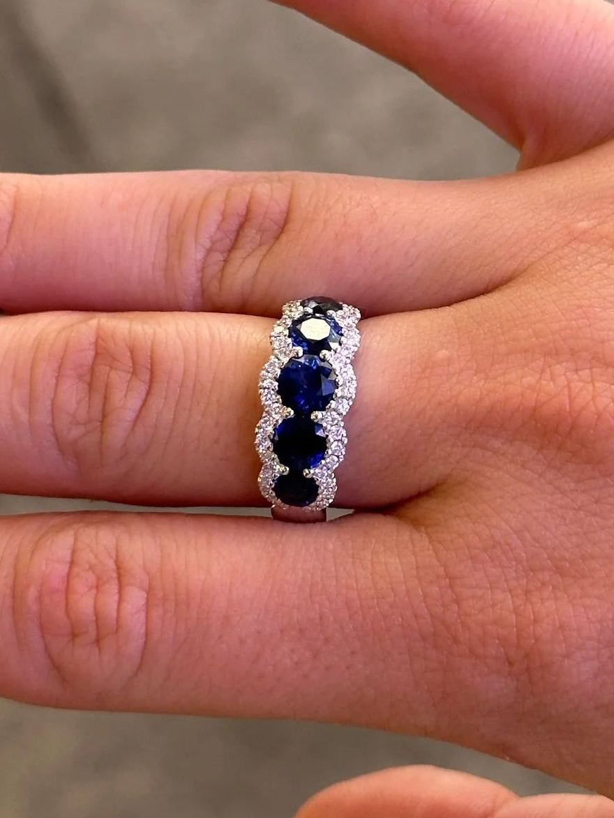 Ladies Five Stone Sapphire with Round Diamond Semi Halo Ring