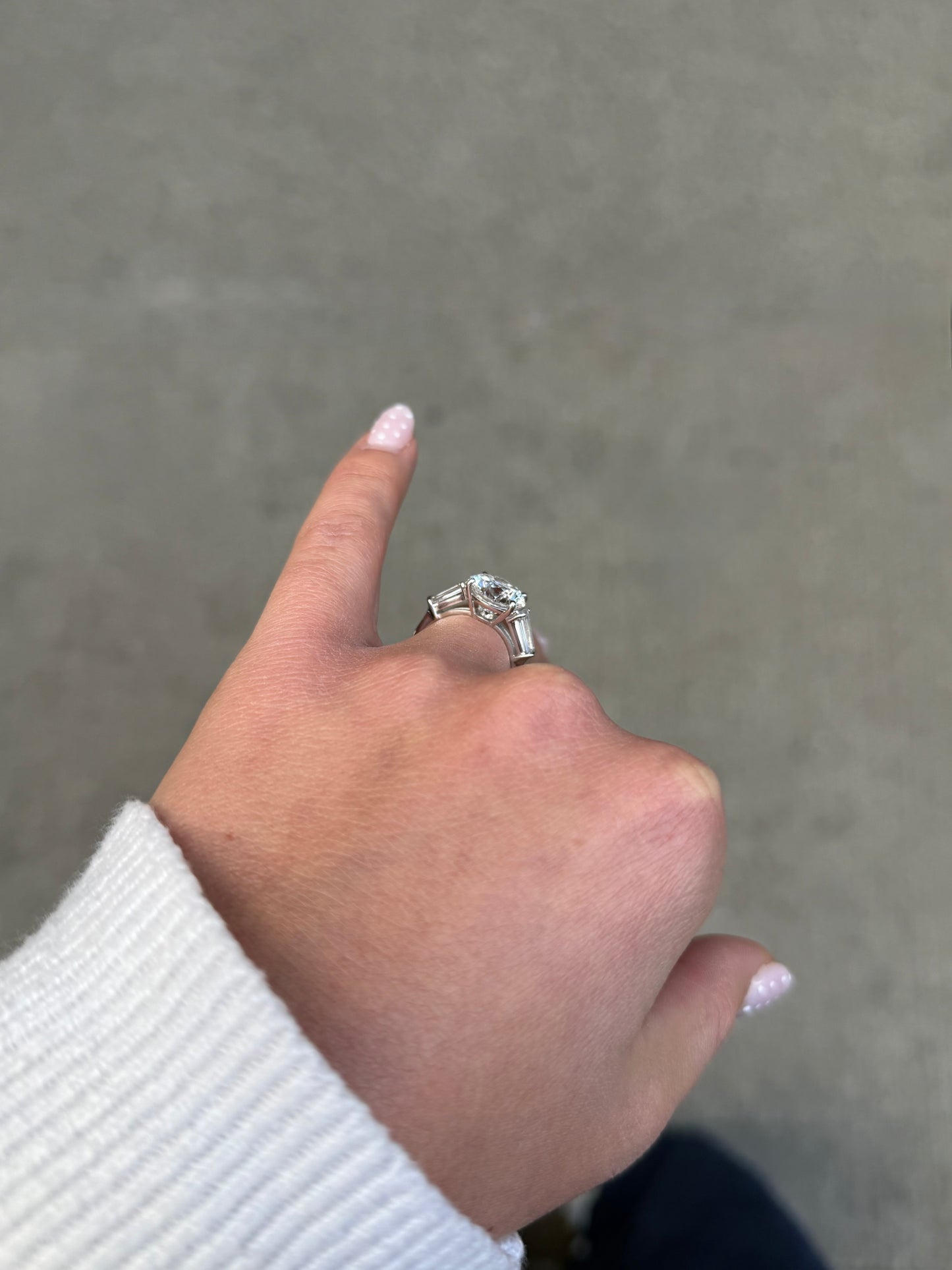 Ladies Round Diamond and Baguette Side Stone Engagement Ring