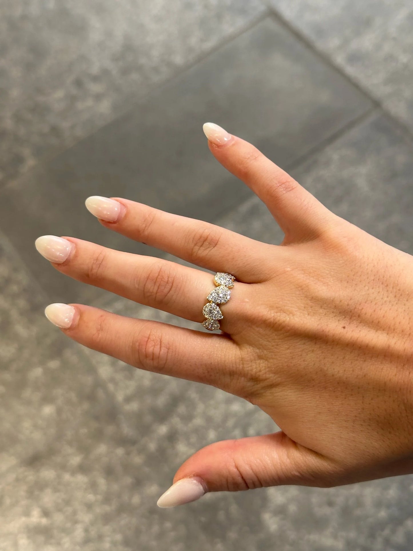 Ladies Five Pear Shaped Cluster Round Diamond Ring