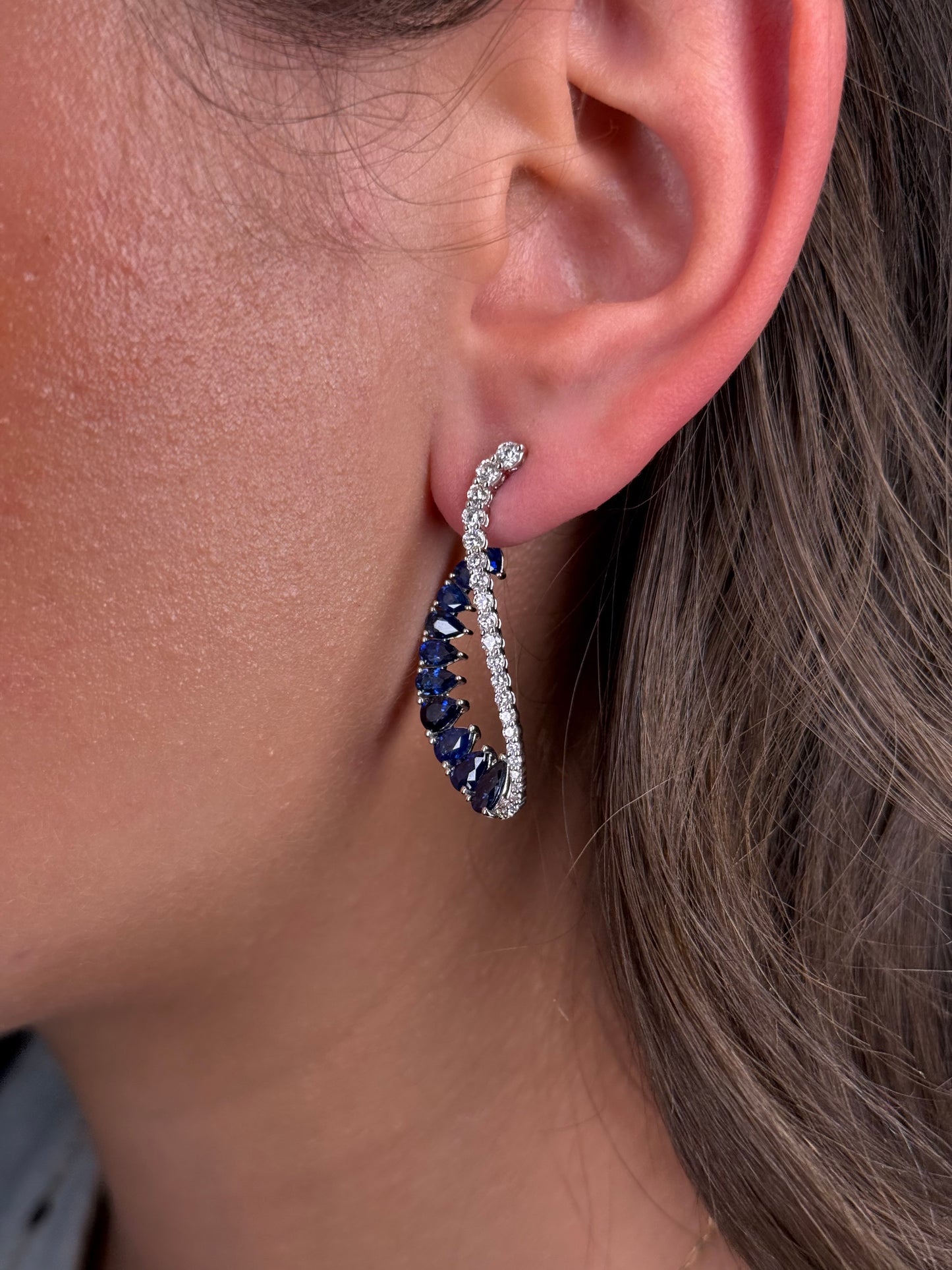 Ladies Sapphire and Diamond Elongated Wavy Hoop