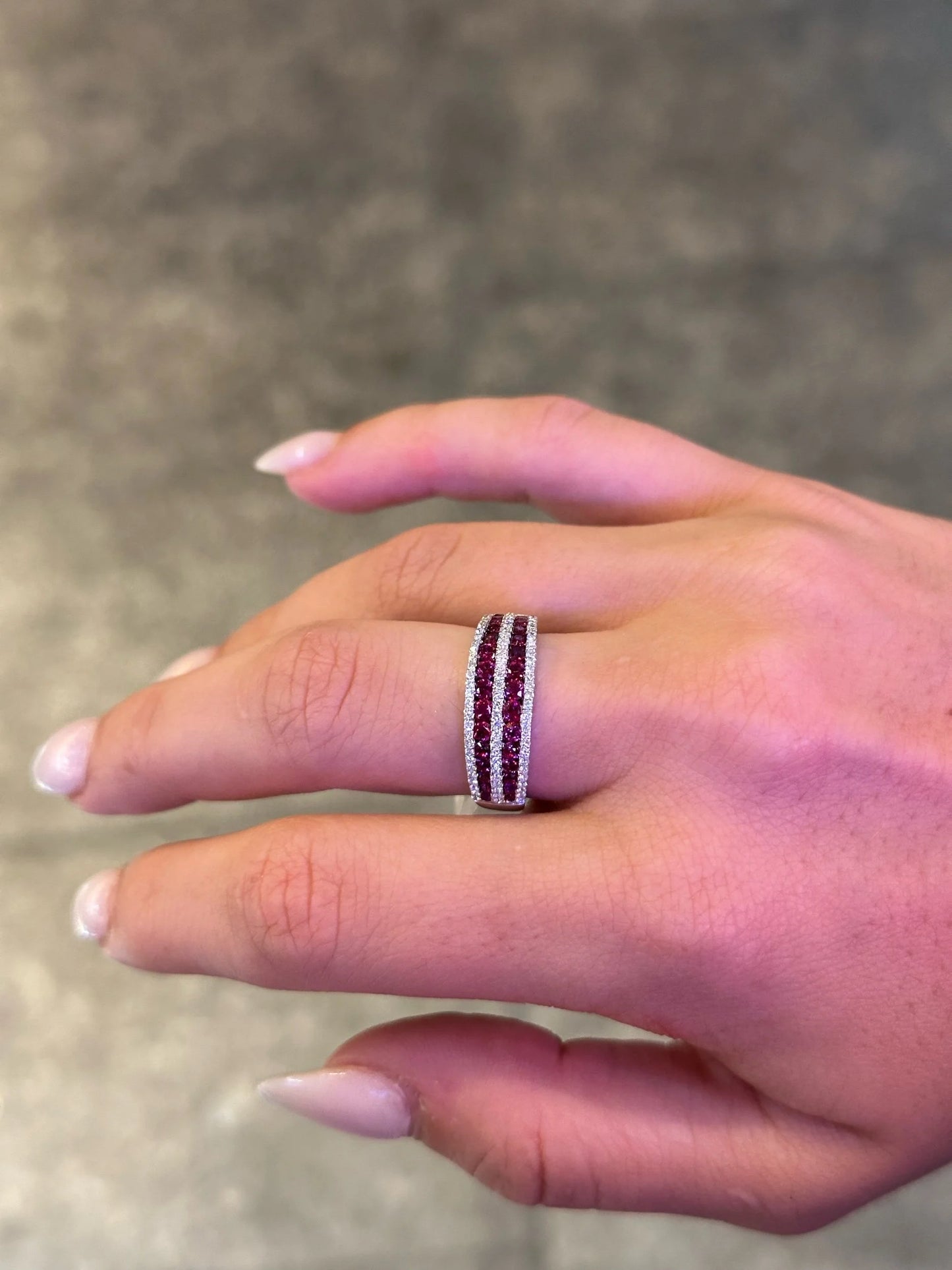 Ladies Double Row Ruby and Triple Row Round Diamond Ring