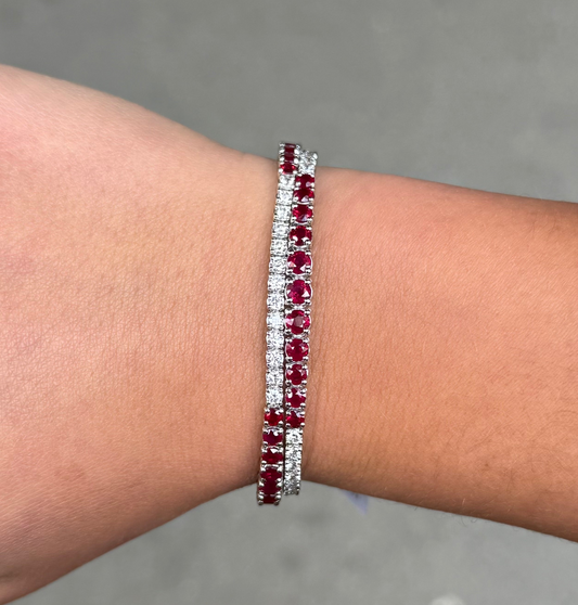 Ladies Double Row Graduated Ruby and Round Diamond Bracelet