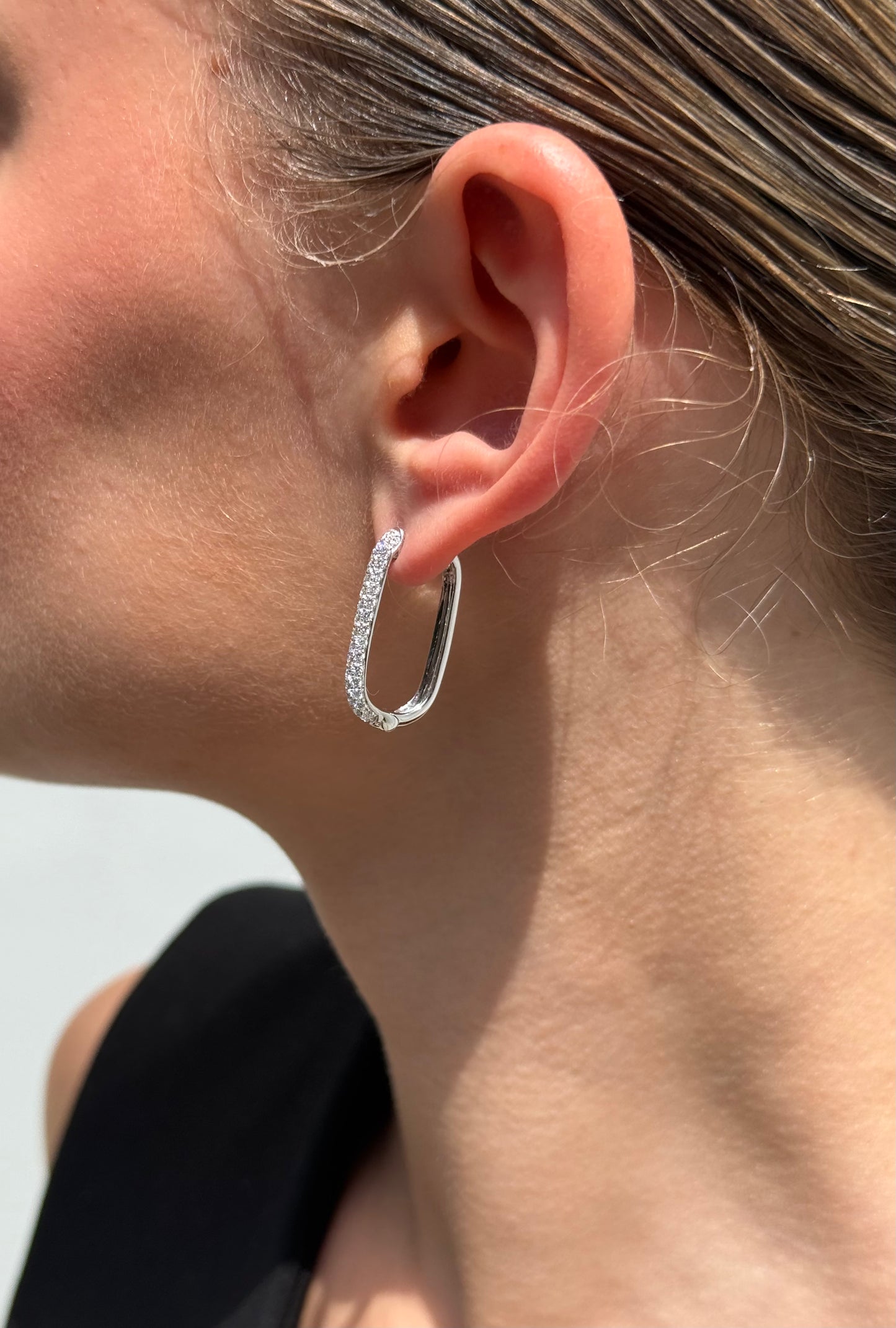 Ladies Pave Set Rectangular Diamond Hoop Earring
