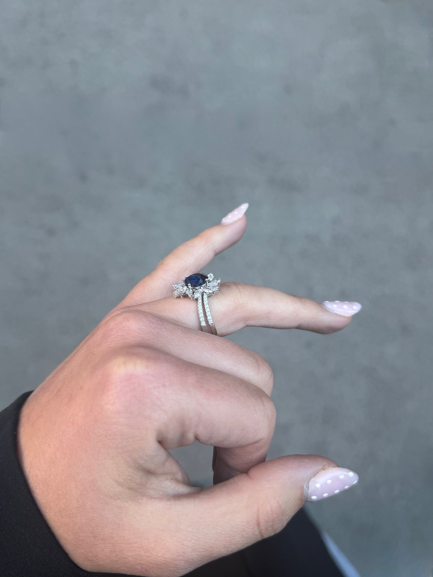 Ladies Oval Sapphire and Marquise Halo Ring