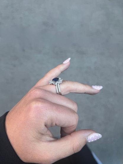 Ladies Oval Sapphire and Marquise Halo Ring