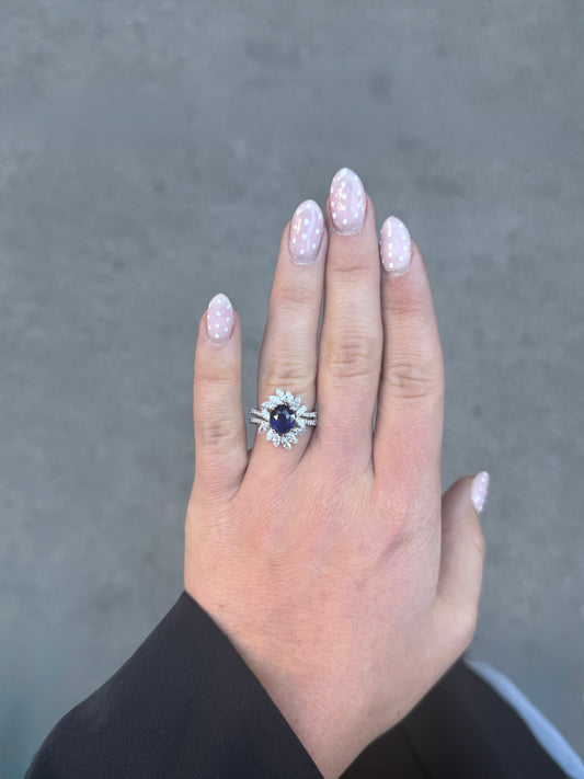 Ladies Oval Sapphire and Marquise Halo Ring